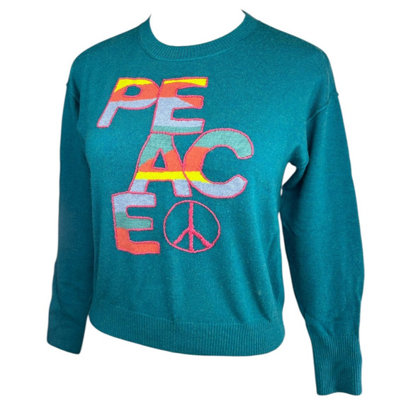 Sundance Colors Of Peace Sweater Teal Rare Rainbow Graphic Soft Wool Blend PXS - Picture 3 of 16